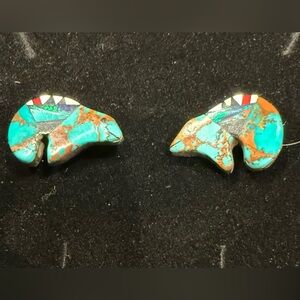 Turquoise and Sterling Silver Inlay Navajo Spirit Bear Earrings